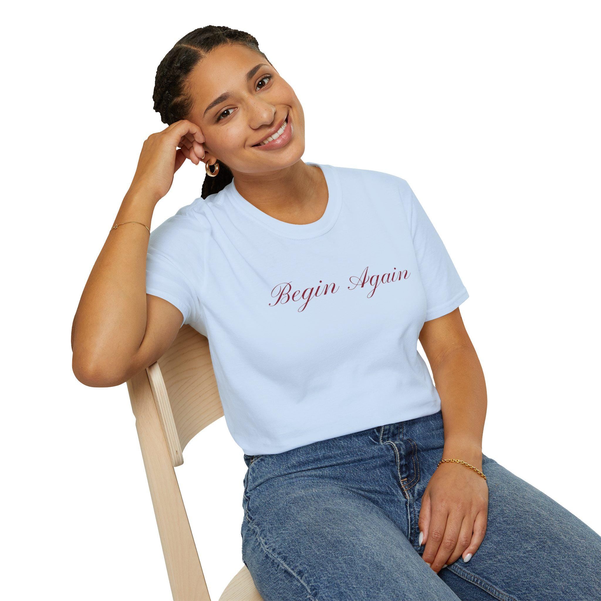 Begin Again Unisex Softstyle T-Shirt, Lyrics Attire, Minimalist Red Handwriting Font Tee, Elegant Tee, Statement Print Shirt