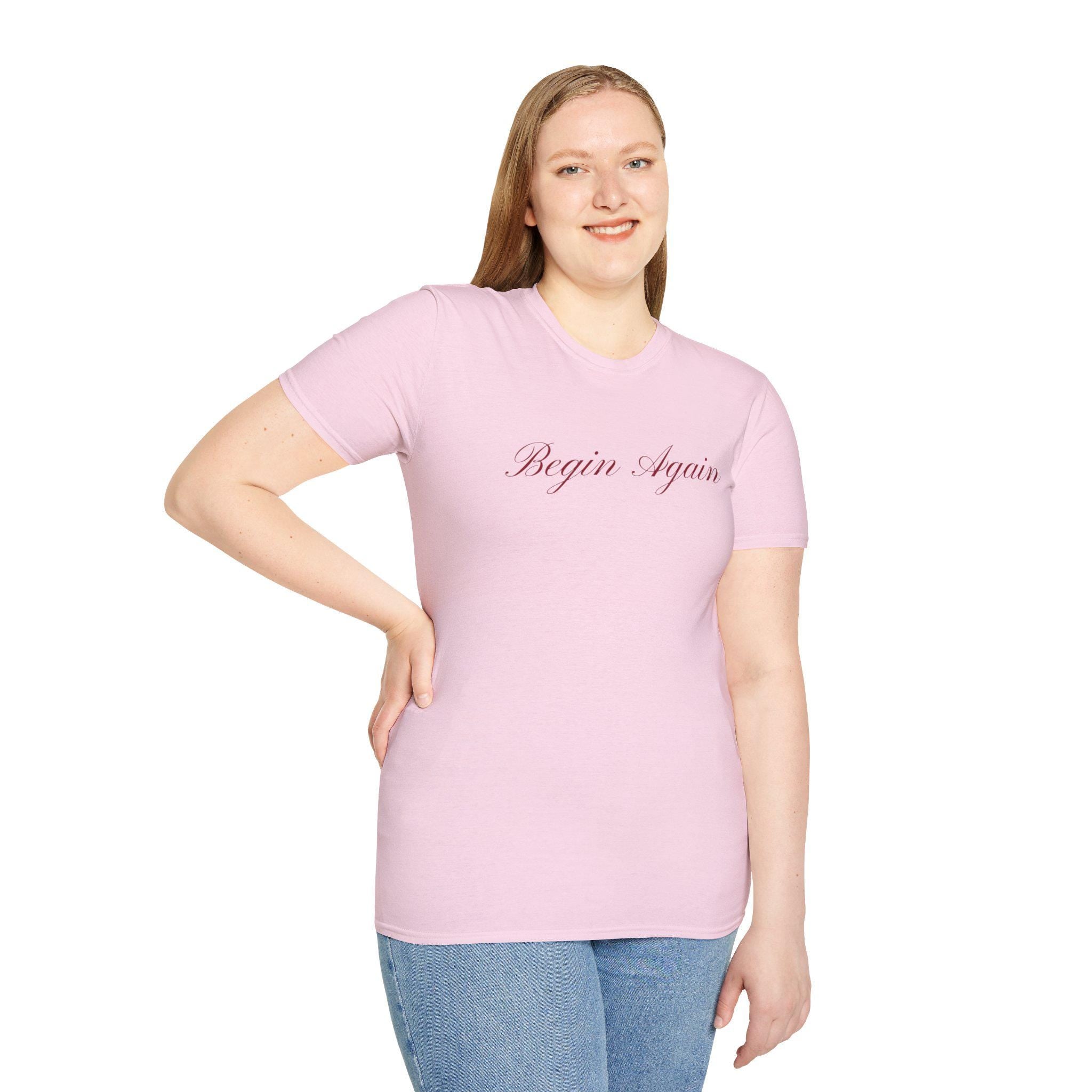 Begin Again Unisex Softstyle T-Shirt, Lyrics Attire, Minimalist Red Handwriting Font Tee, Elegant Tee, Statement Print Shirt