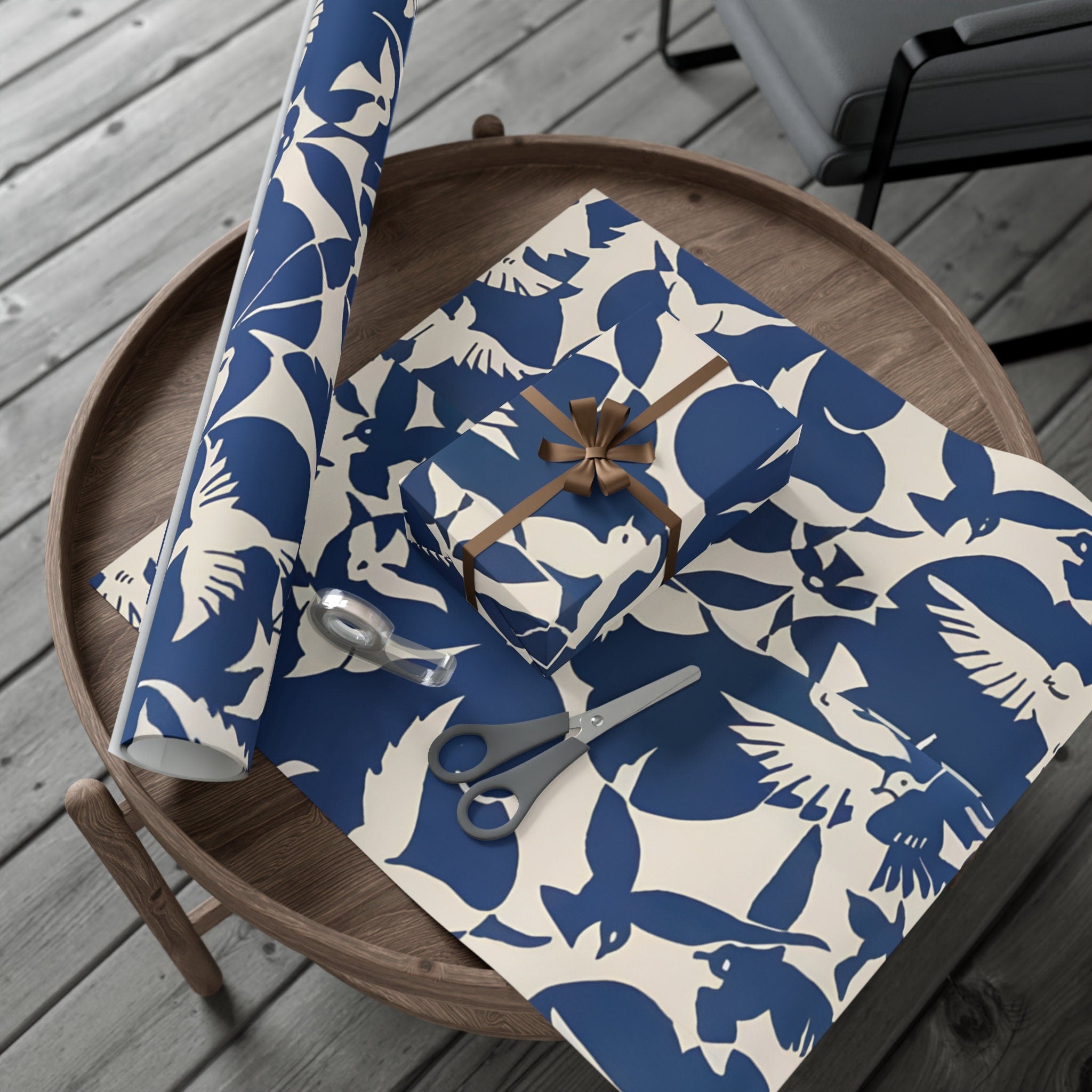 Vintage Pigeon Bird Pattern Birthday Gift Wrapping Paper - Elegant Blue and White Design, Classic Gift Wrap - Eco Friendly
