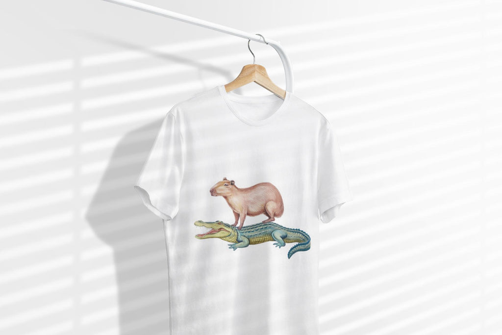 Funny Capybara and Crocodile T-Shirt, Cute Cozy Genderneutral Tee, Gift for Friends, Animal Graphic Shirt, Softstyle Unisex Comfy Tee