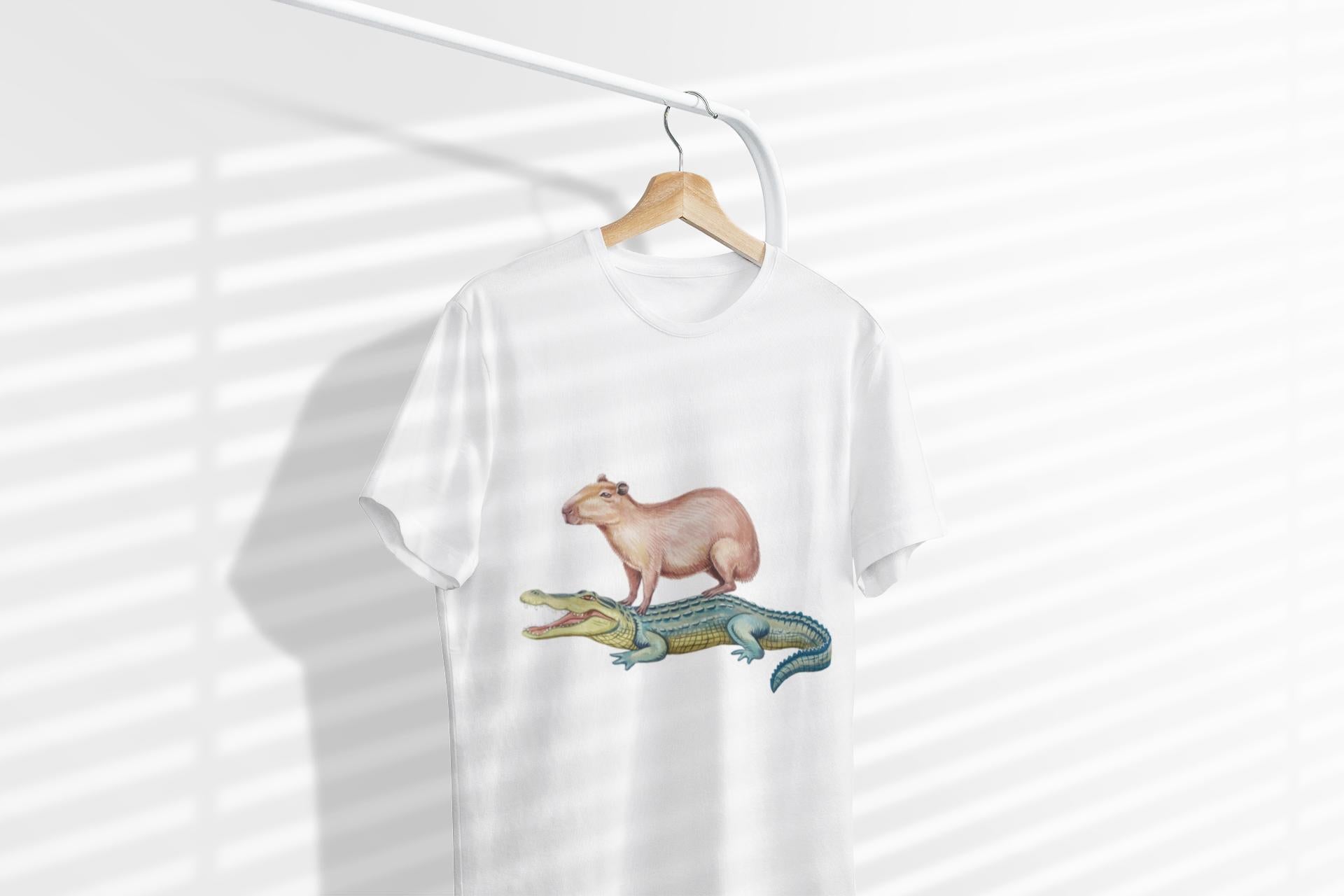 Funny Capybara and Crocodile T-Shirt, Cute Cozy Genderneutral Tee, Gift for Friends, Animal Graphic Shirt, Softstyle Unisex Comfy Tee