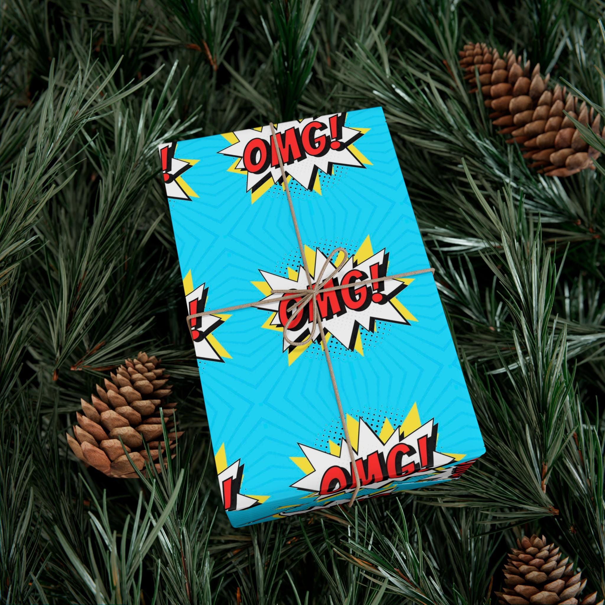 Retro Pop Art Wrapping Paper, Cartoon Speech Bubble on Bright Blue, Funky Gift Wrap, Gift Decoration for Friends