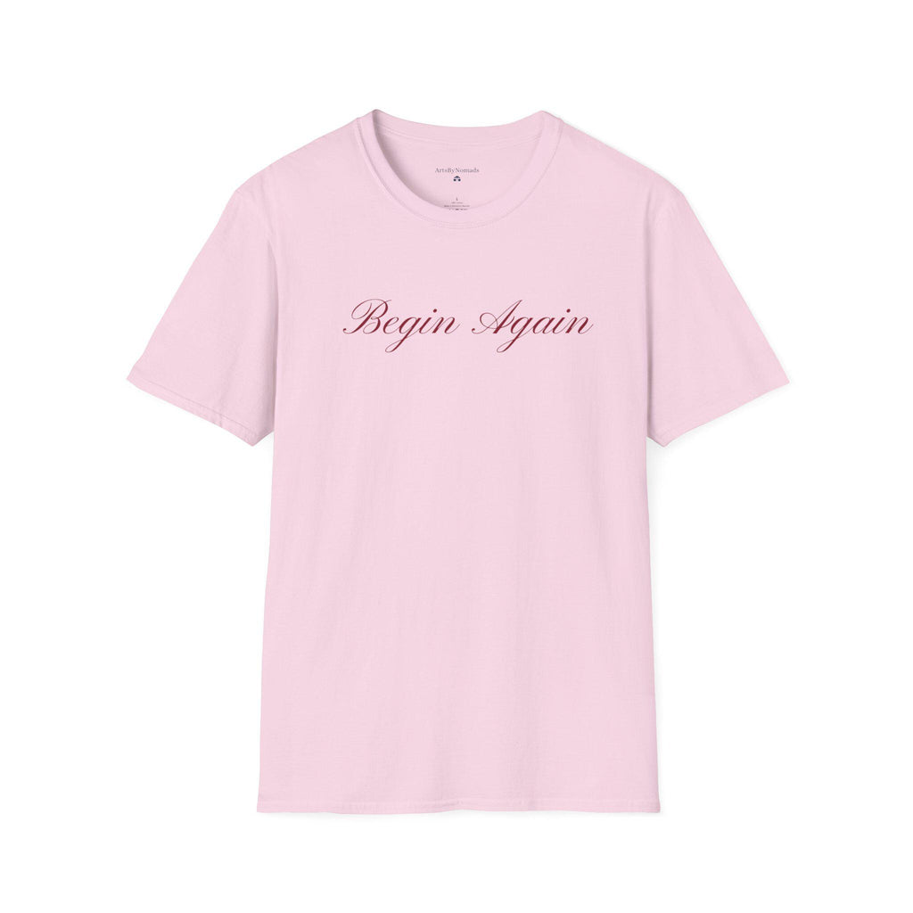 Begin Again Unisex Softstyle T-Shirt, Lyrics Attire, Minimalist Red Handwriting Font Tee, Elegant Tee, Statement Print Shirt