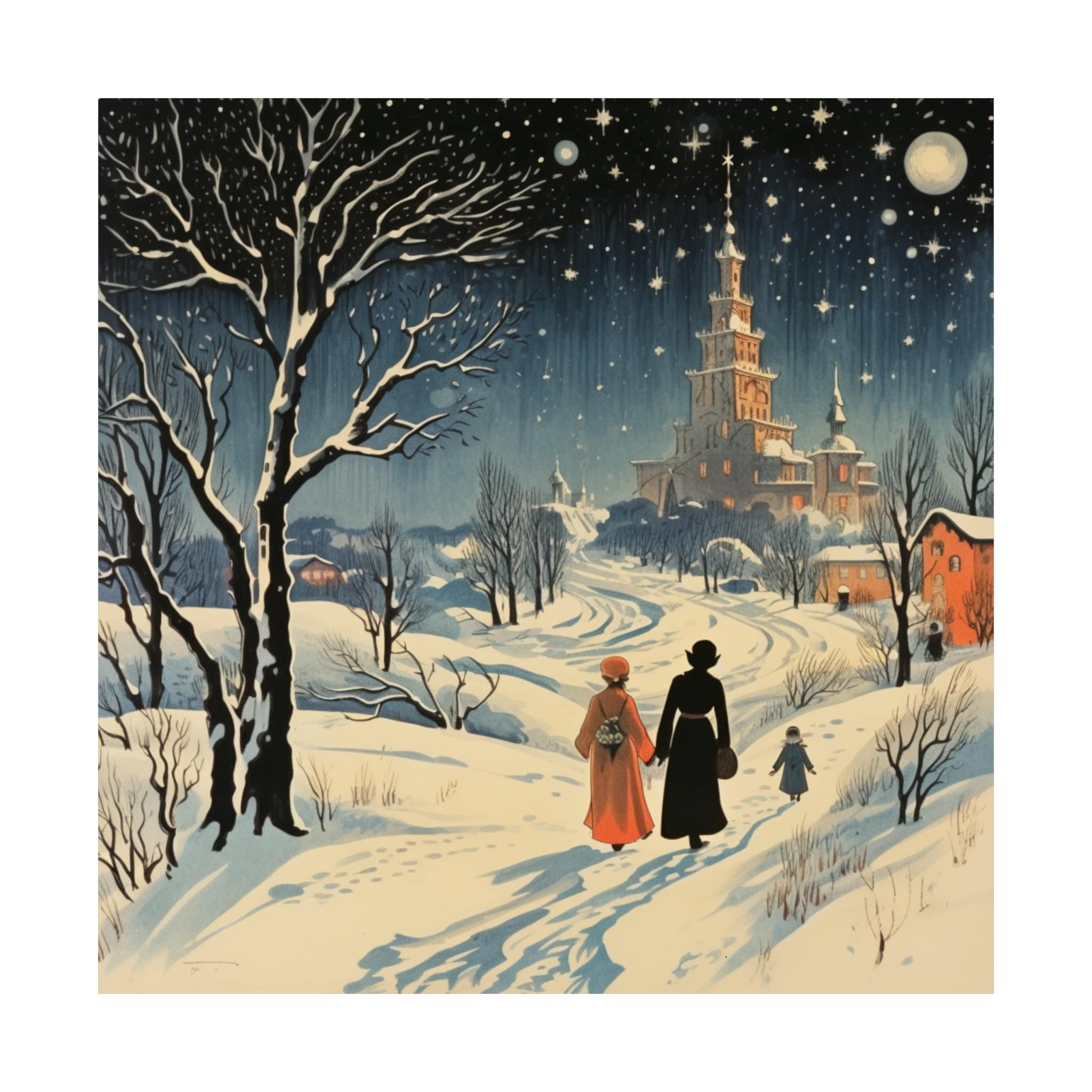 Doctor Zhivago Inspired Art Poster, Winter Night Landscape, Illustration Wall Decor