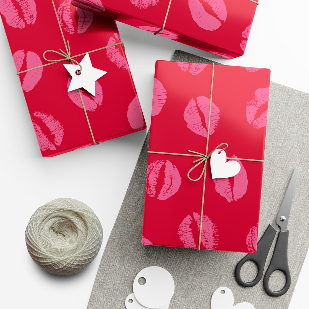 Chic Pink Lipstick Kisses Gift Wrap, Birthday Wrapping Paper, Stylish Red and Pink Design, Valentines Day Gift Decor
