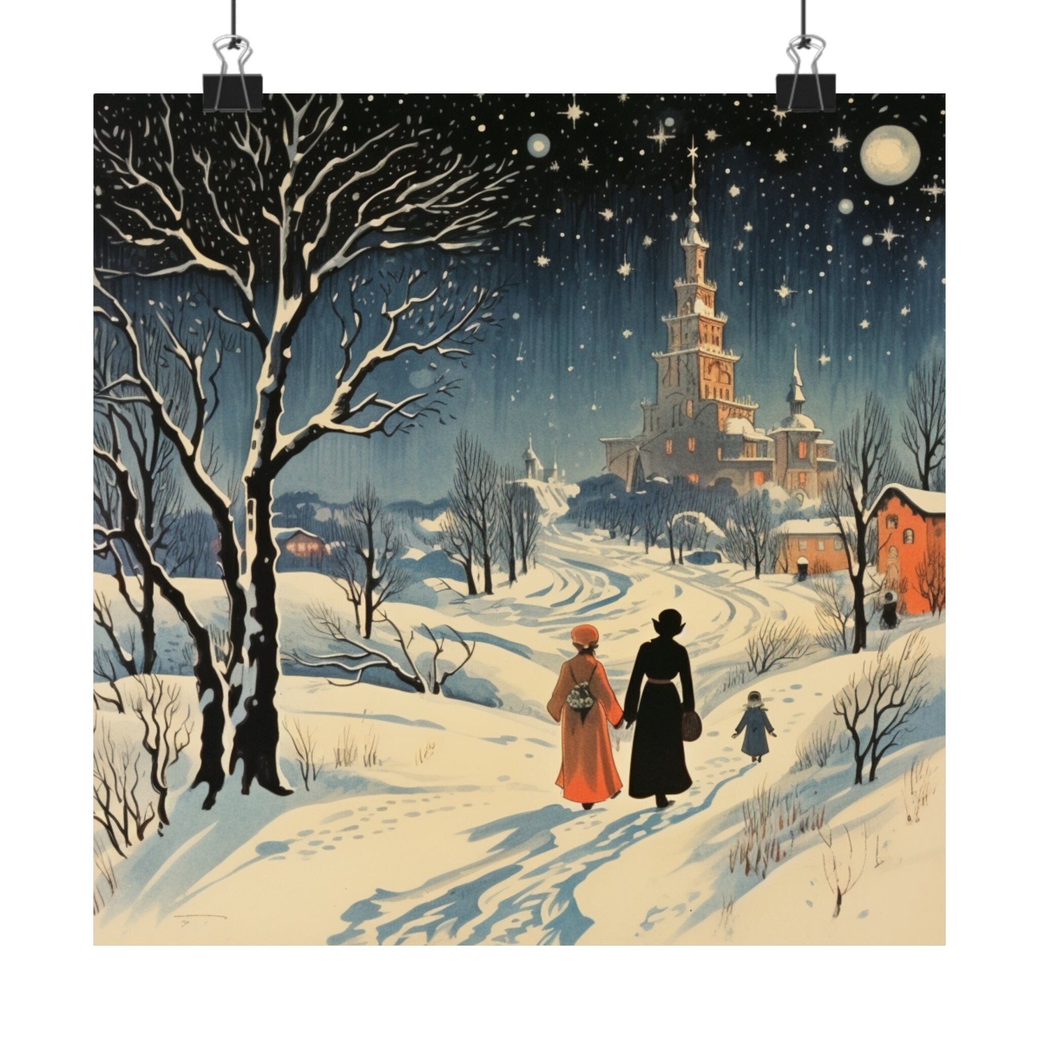 Doctor Zhivago Inspired Art Poster, Winter Night Landscape, Illustration Wall Decor