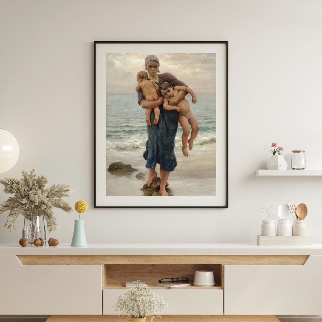 Fisherman's Wife Bathing her Children Print by Virginie Demont Breton, Classic French Art, Coastal Life Poster, Motherhood, Mothers Day Gift