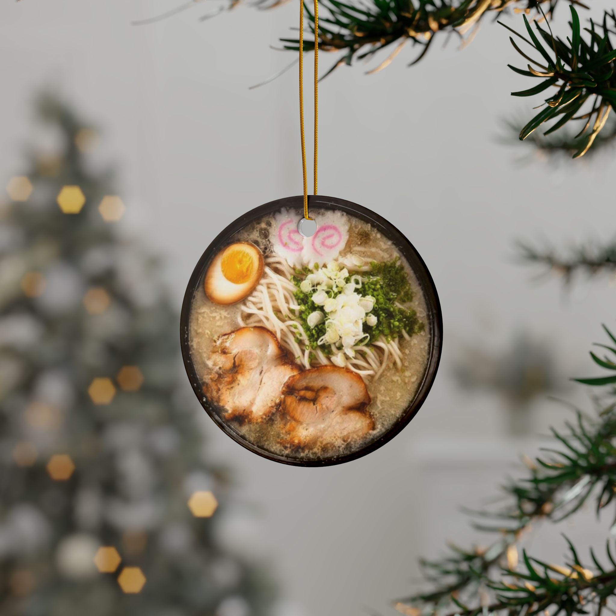 Japanese Ramen Ornament, Double-Sided Ceramic Decoration for Christmas Tree, Holiday Gift, Kitchen Decor, Gift for Foodies, Flat Surface