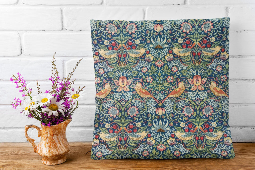 William Morris Strawberry Thief Pillow, Classic Arts and Crafts Design, Decorative Double Sided Cushion