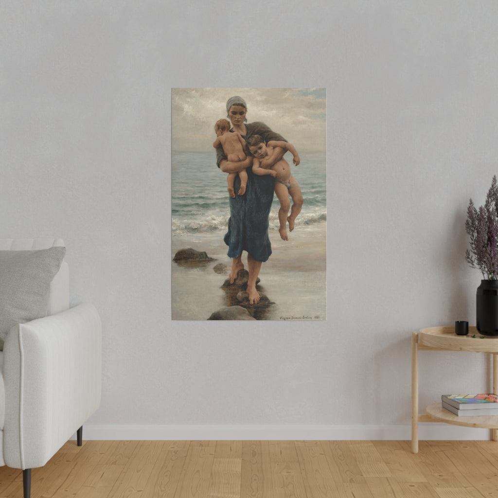Virginie Demont Breton Canvas Panel Print, Fishermans Wife Bathing her Children, Home Wall Art Decor, Perfect Mothers Day Gift