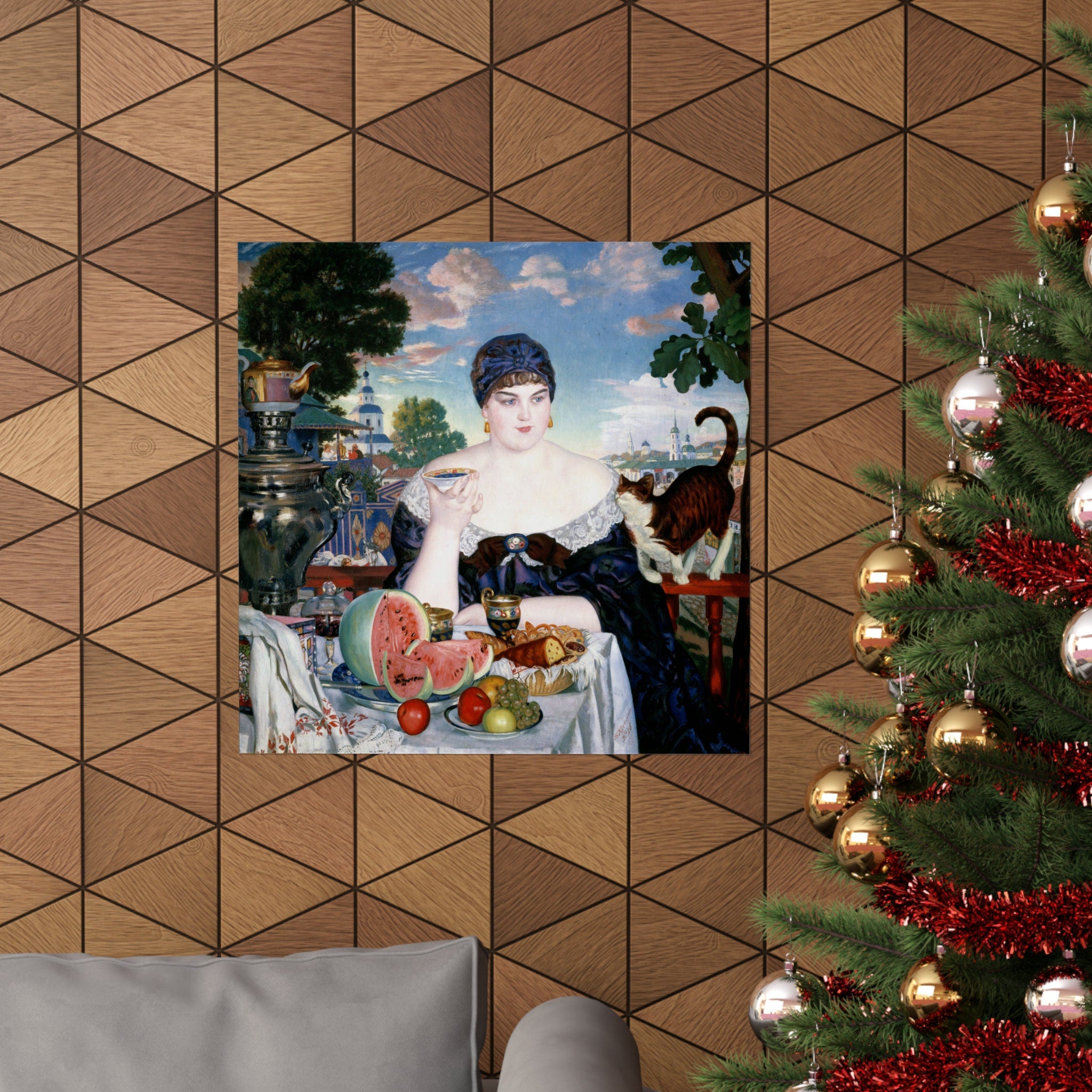 Merchant's Wife at Tea Poster by Boris Kustodiev, Russian Fine Art Print, Home Wall Decor Gift
