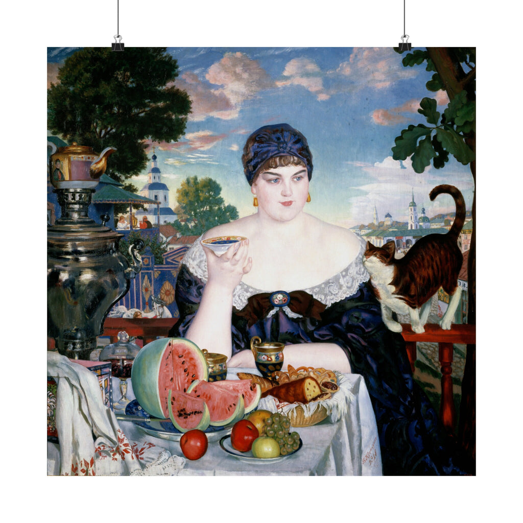 Merchant's Wife at Tea Poster by Boris Kustodiev, Russian Fine Art Print, Home Wall Decor Gift