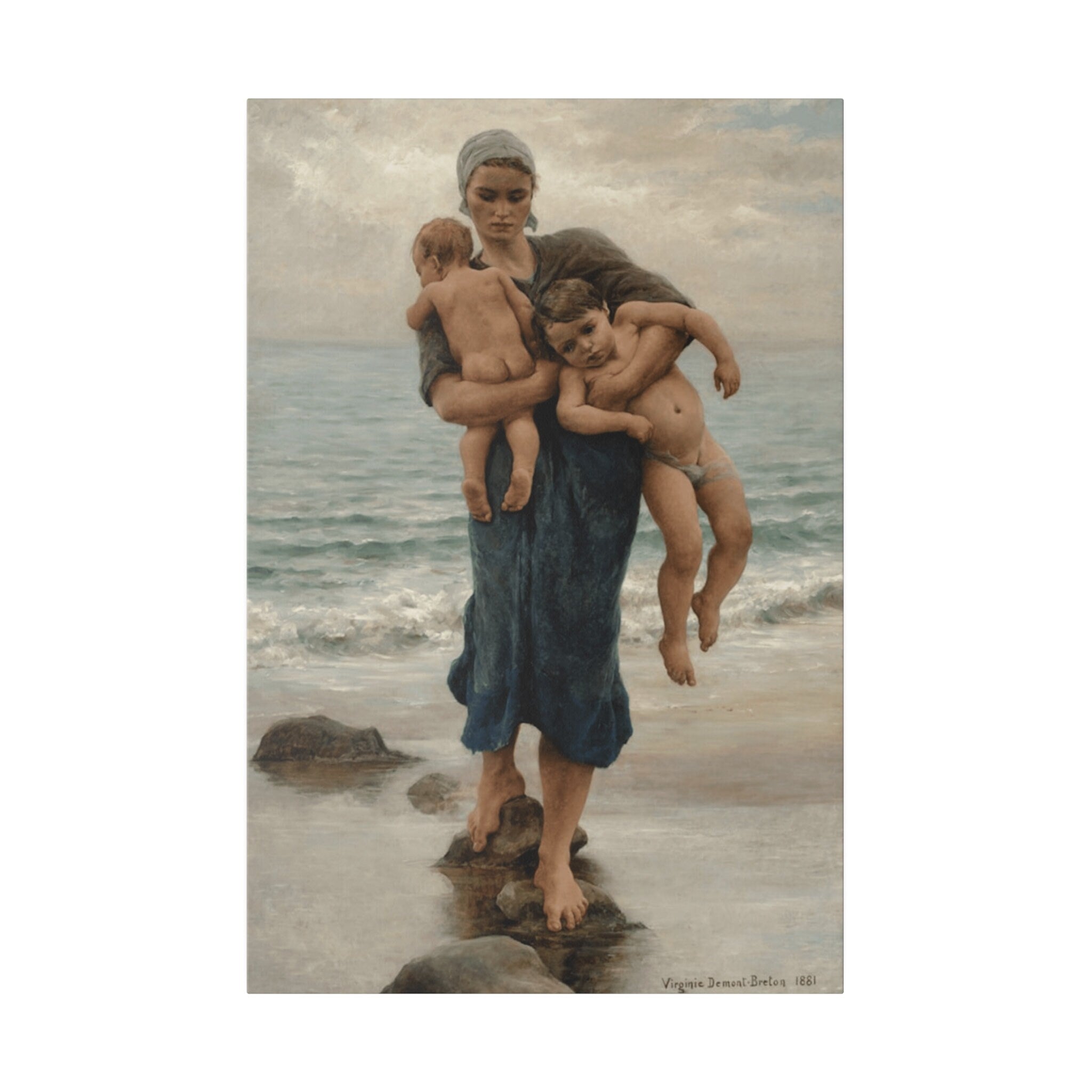 Virginie Demont Breton Canvas Panel Print, Fishermans Wife Bathing her Children, Home Wall Art Decor, Perfect Mothers Day Gift