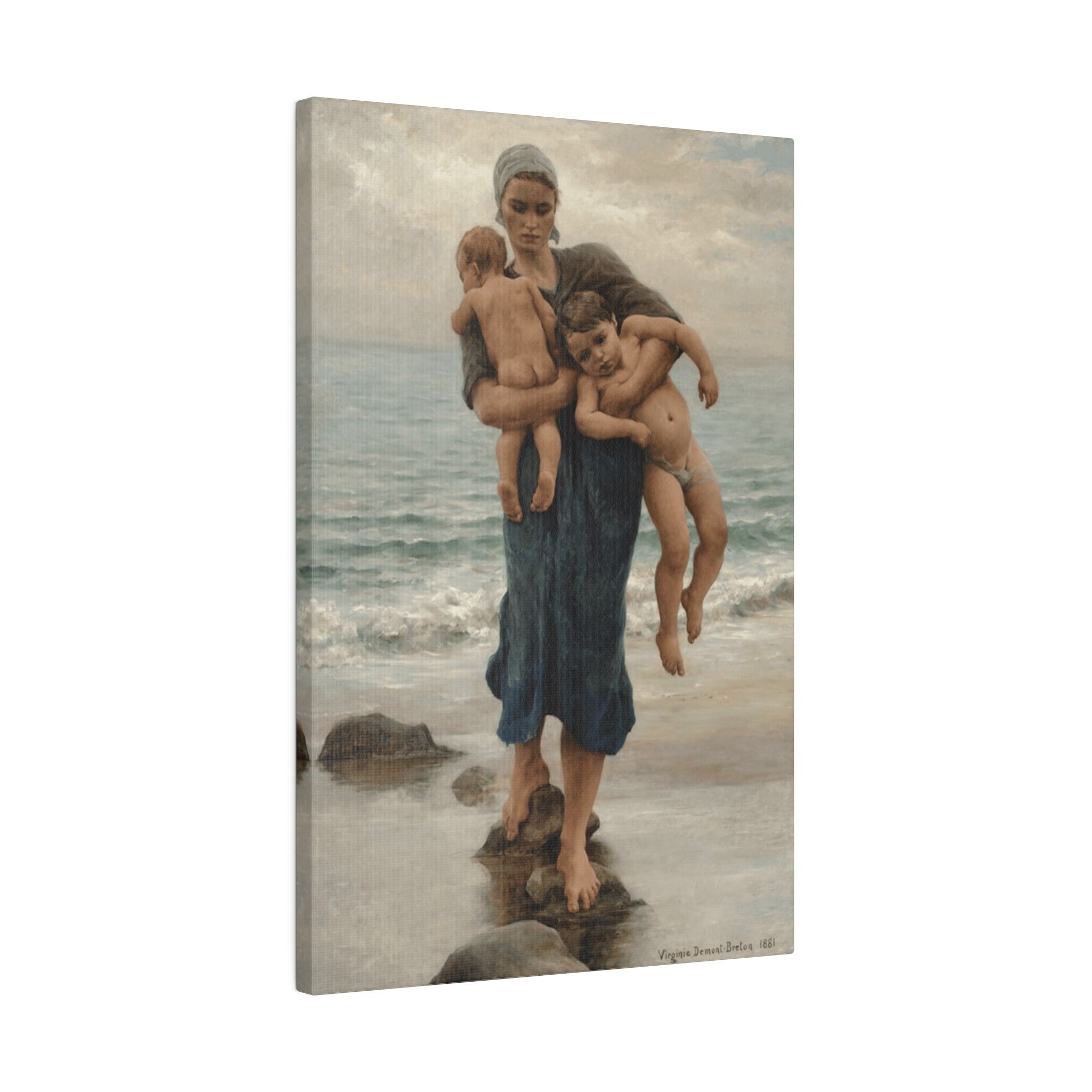 Virginie Demont Breton Canvas Panel Print, Fishermans Wife Bathing her Children, Home Wall Art Decor, Perfect Mothers Day Gift