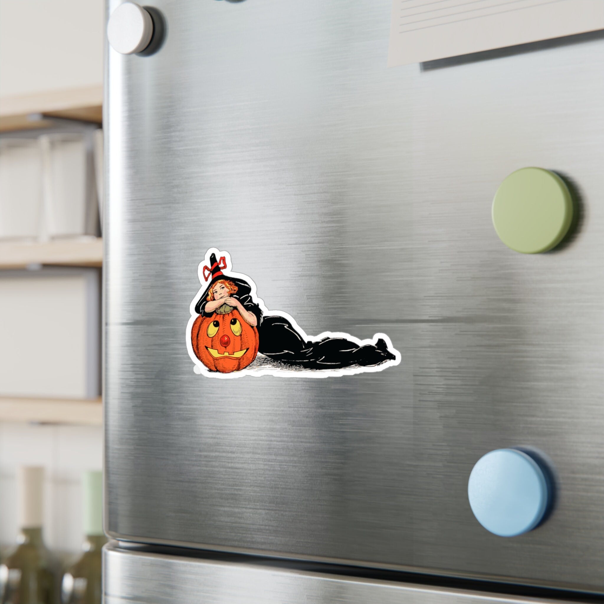 Vintage Halloween Witch with Pumpkin Vinyl Decal Sticker, Holiday Decor, Cute Sticker Great Gift for Laptop and Water Bottle