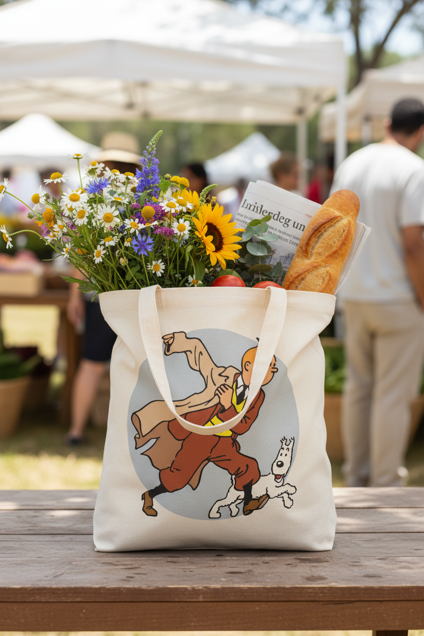 The Adventures of Tintin, Natural Canvas Bag, Eco-Friendly Shoulder Bag, Animation Illustration, Childhood Nostalgia, Sustainable Gift