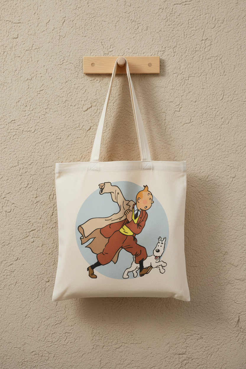 The Adventures of Tintin, Natural Canvas Bag, Eco-Friendly Shoulder Bag, Animation Illustration, Childhood Nostalgia, Sustainable Gift