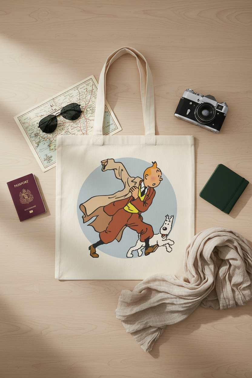The Adventures of Tintin, Natural Canvas Bag, Eco-Friendly Shoulder Bag, Animation Illustration, Childhood Nostalgia, Sustainable Gift