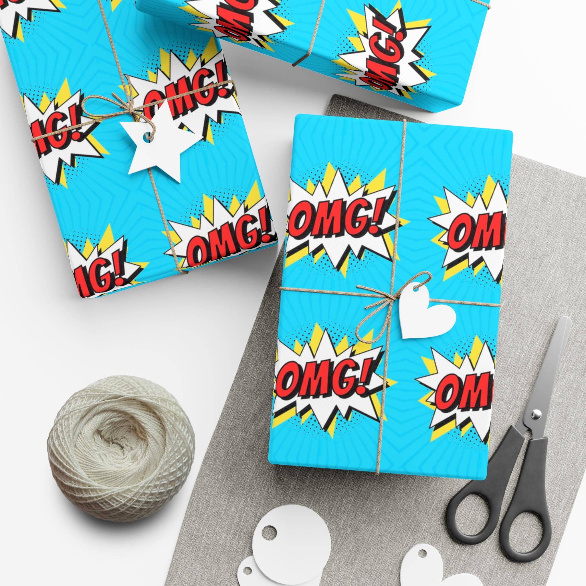 Retro Pop Art Wrapping Paper, Cartoon Speech Bubble on Bright Blue, Funky Gift Wrap, Gift Decoration for Friends