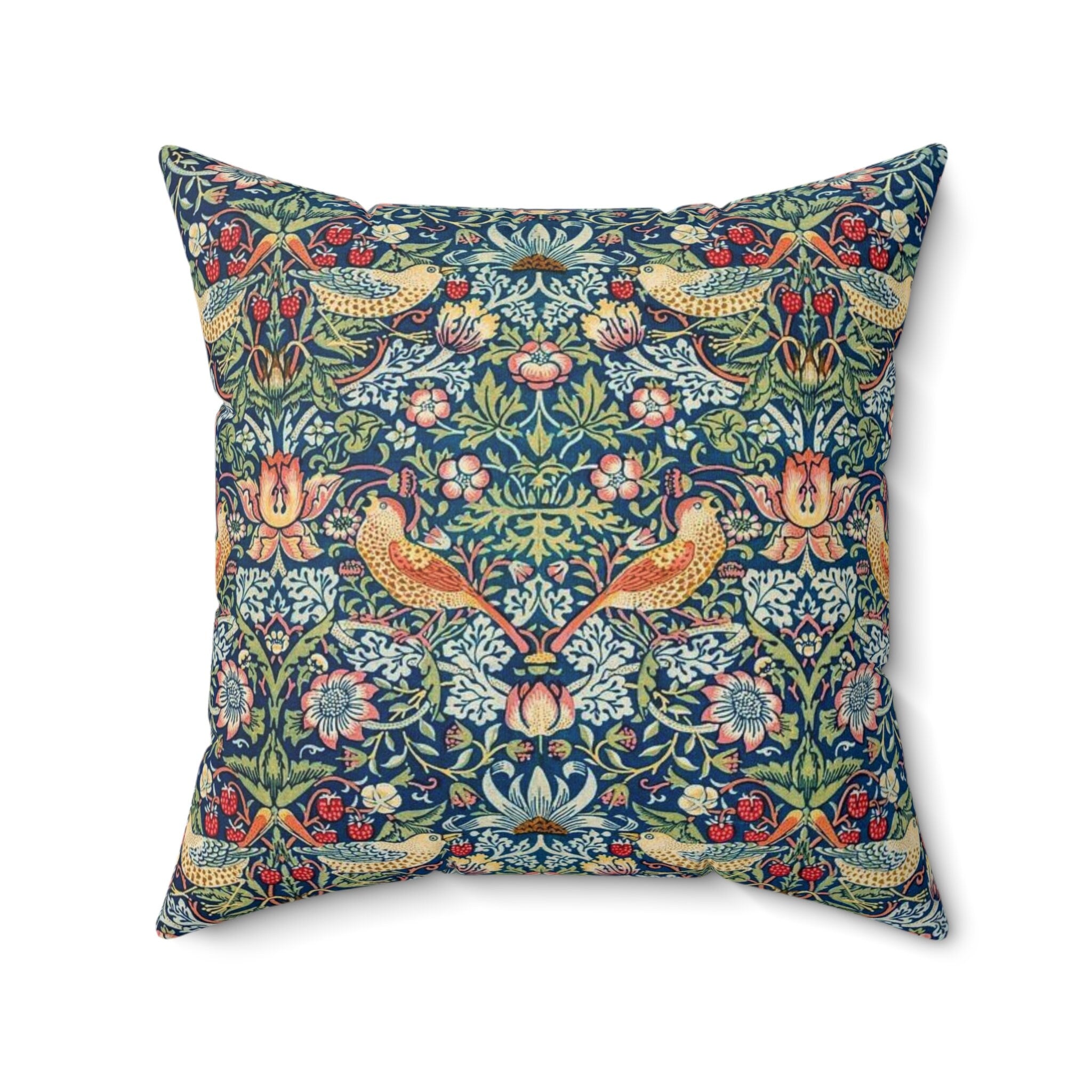 William Morris Strawberry Thief Pillow, Classic Arts and Crafts Design, Decorative Double Sided Cushion