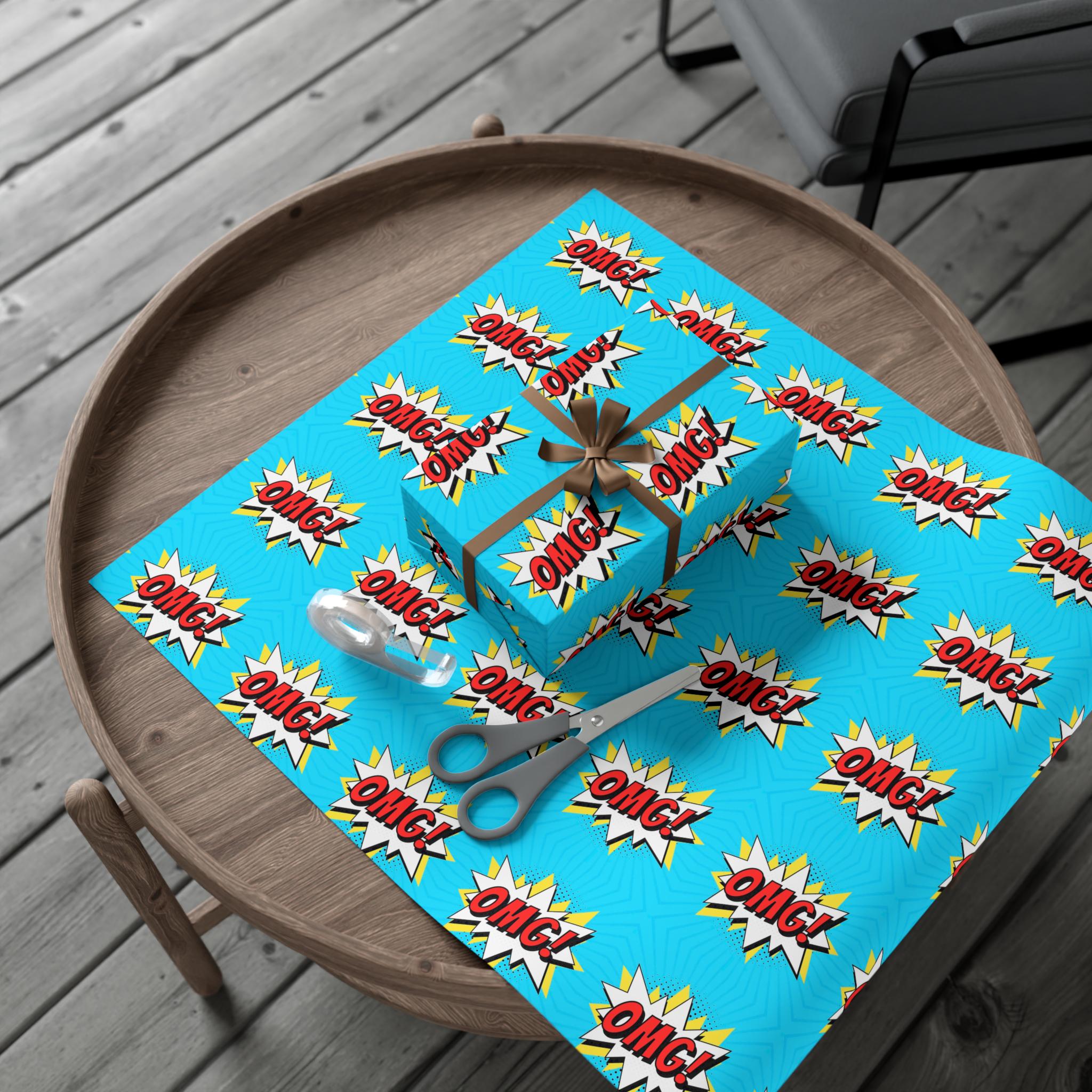 Retro Pop Art Wrapping Paper, Cartoon Speech Bubble on Bright Blue, Funky Gift Wrap, Gift Decoration for Friends