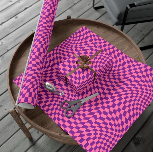 Checkered Wrapping Paper, Chic Pink Purple, Funky 70s Vibe, Girly Gift Wrap, Satin or Matte Finish