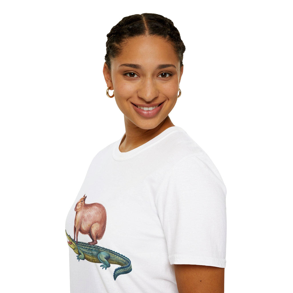 Funny Capybara and Crocodile T-Shirt, Cute Cozy Genderneutral Tee, Gift for Friends, Animal Graphic Shirt, Softstyle Unisex Comfy Tee