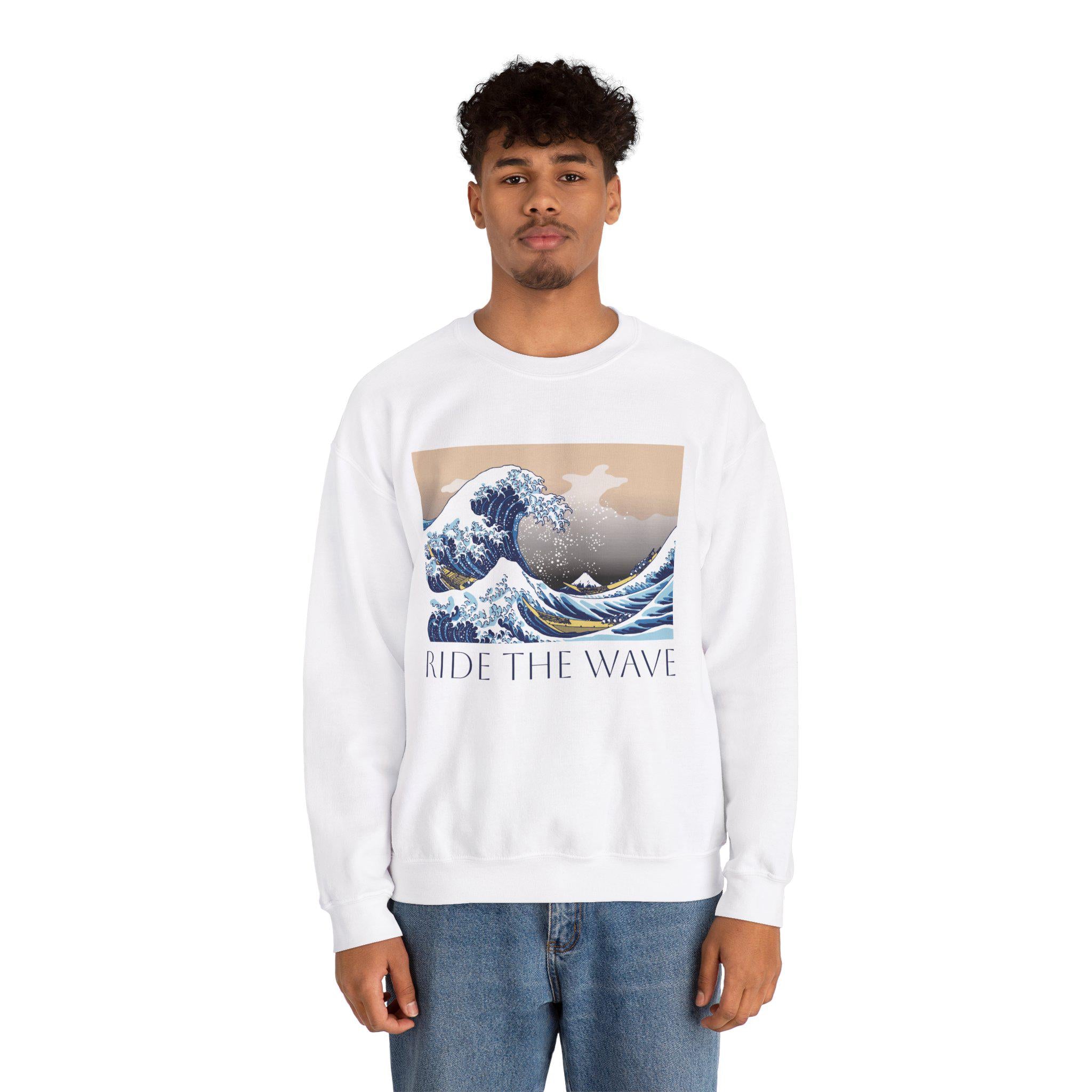 Ride the Wave Hoodie, Vintage Japanese Art 'The Great Wave' Design, Motivational Streetwear, Cozy Heavy Blend Sweatshirt