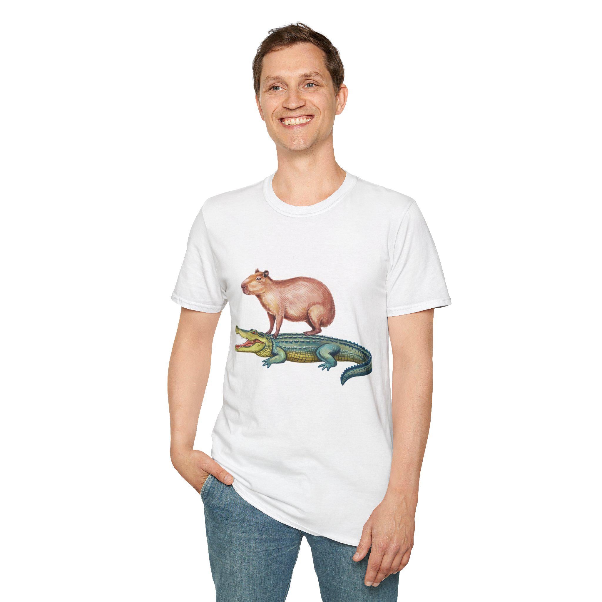 Funny Capybara and Crocodile T-Shirt, Cute Cozy Genderneutral Tee, Gift for Friends, Animal Graphic Shirt, Softstyle Unisex Comfy Tee