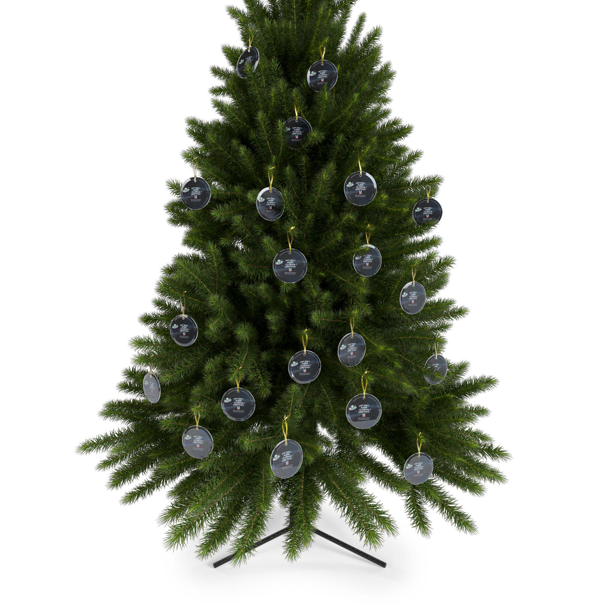 Funny UFO Alien Christmas Glass Ornament, Dad's Joke Holiday Decor, Why Don't Aliens Celebrate Christmas? Gift for Friends and Kids