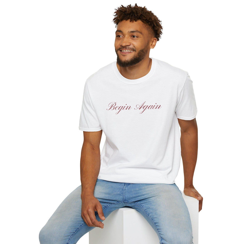 Begin Again Unisex Softstyle T-Shirt, Lyrics Attire, Minimalist Red Handwriting Font Tee, Elegant Tee, Statement Print Shirt