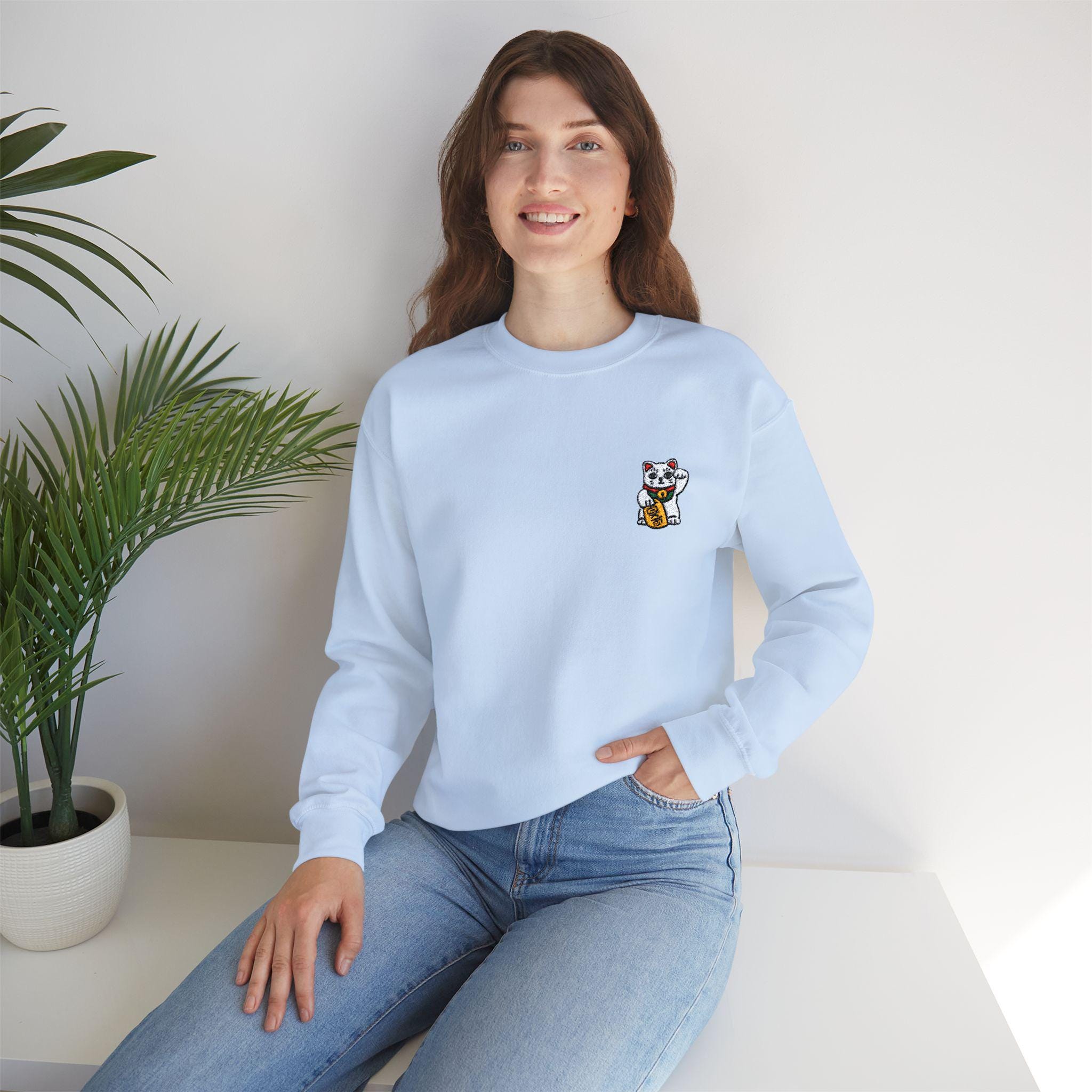 Embroidered Lucky Cat Unisex Sweatshirt, Chinese New Year Gift, Maneki-Neko Crewneck Jumper, Japan Lover Present, Ethically Grown Cotton