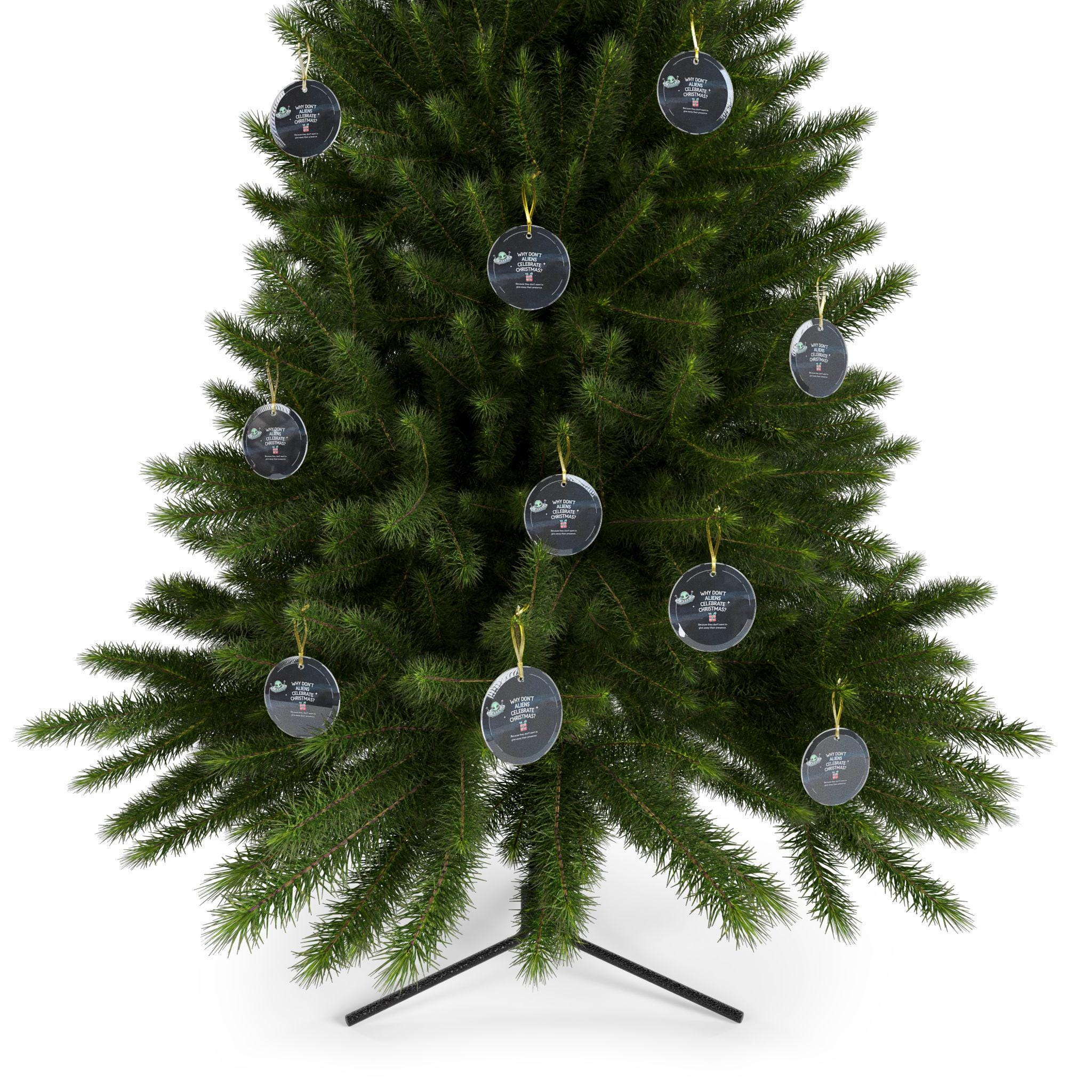 Funny UFO Alien Christmas Glass Ornament, Dad's Joke Holiday Decor, Why Don't Aliens Celebrate Christmas? Gift for Friends and Kids