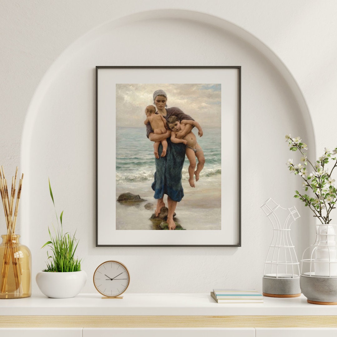 Fisherman's Wife Bathing her Children Print by Virginie Demont Breton, Classic French Art, Coastal Life Poster, Motherhood, Mothers Day Gift
