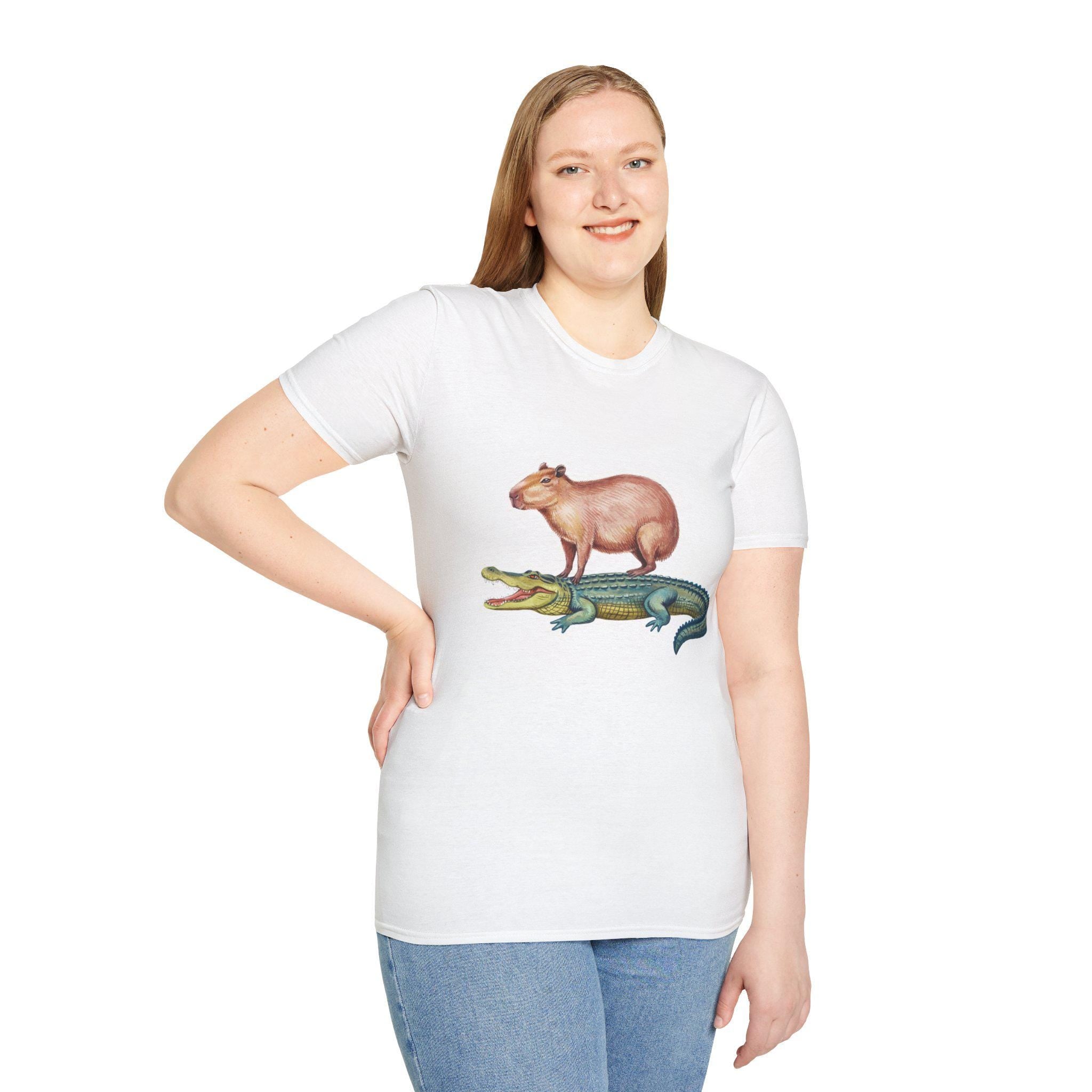 Funny Capybara and Crocodile T-Shirt, Cute Cozy Genderneutral Tee, Gift for Friends, Animal Graphic Shirt, Softstyle Unisex Comfy Tee
