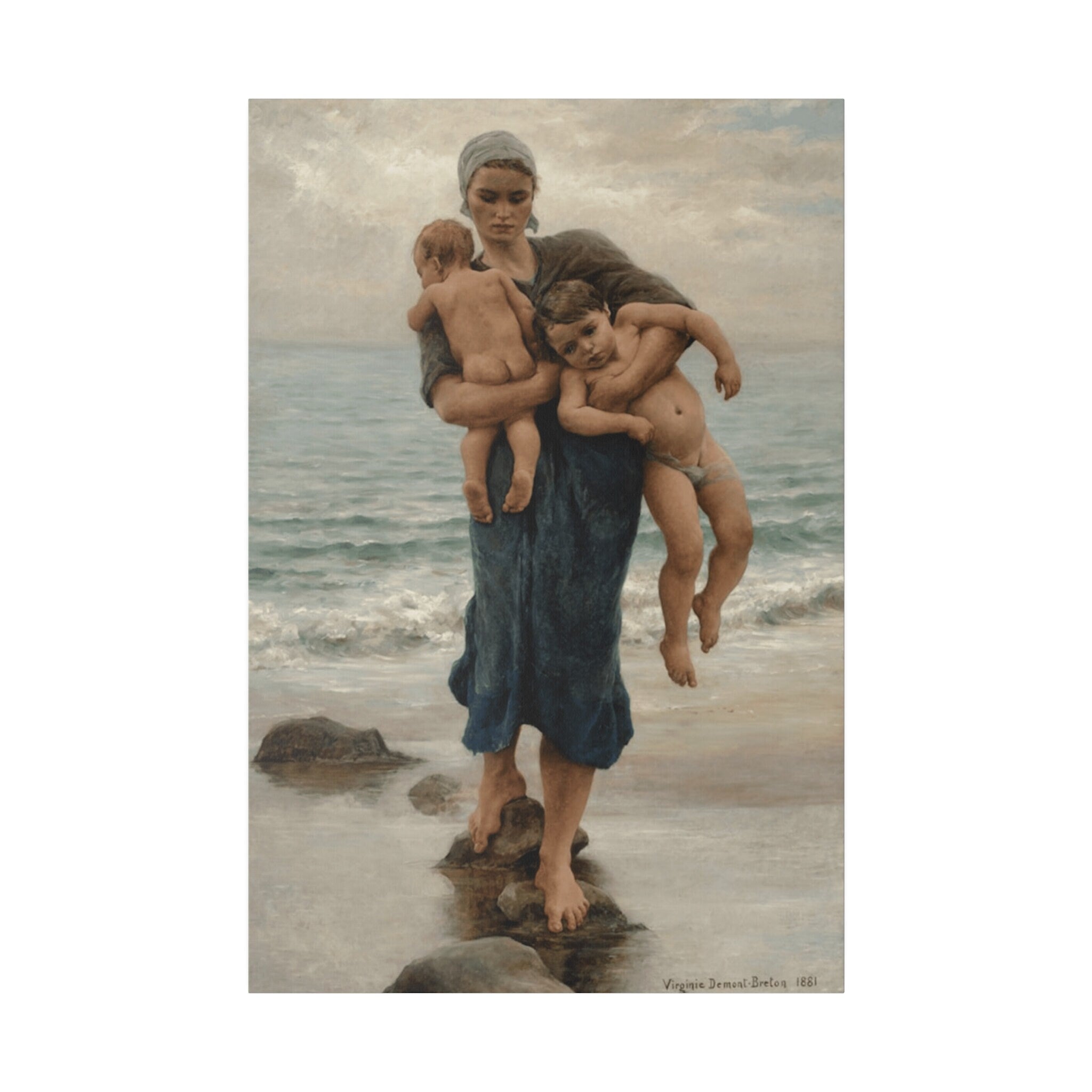 Virginie Demont Breton Canvas Panel Print, Fishermans Wife Bathing her Children, Home Wall Art Decor, Perfect Mothers Day Gift