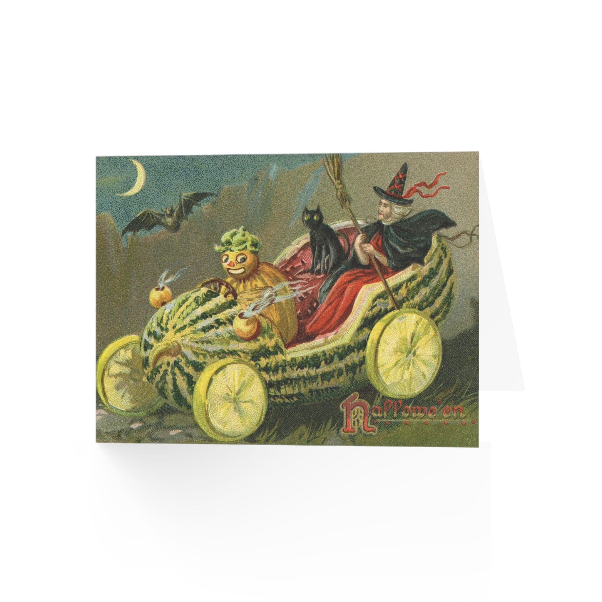 Vintage Halloween Greeting Card, Pumpkin Driving a Vegetable Car with Witch and Cat, Retro Holiday Decor, Great Gift