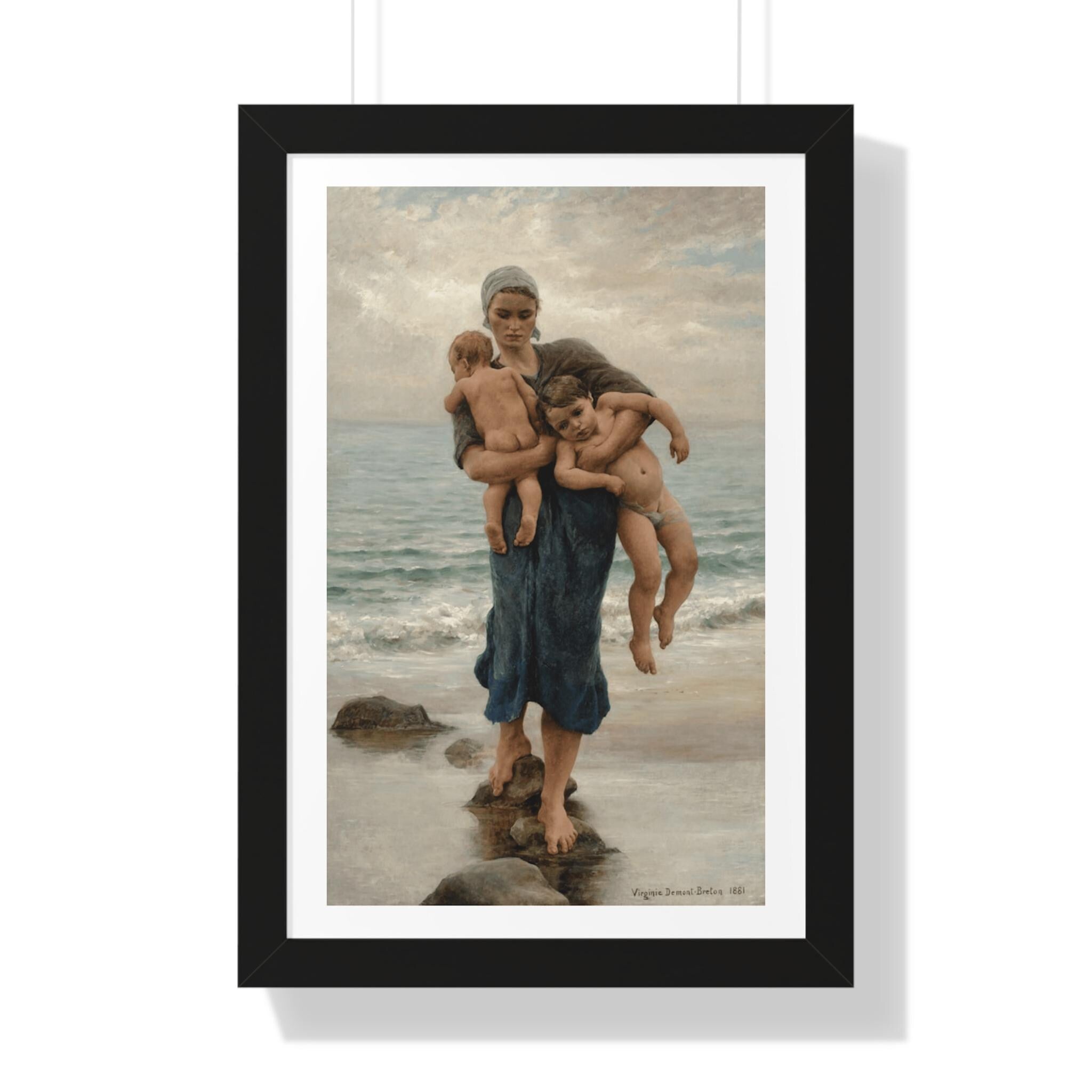Framed Print of Fisherman's Wife Bathing Her Children by Virginie Demont Breton, Home Wall Decor, Ready to Hang, Mother's Day Gift