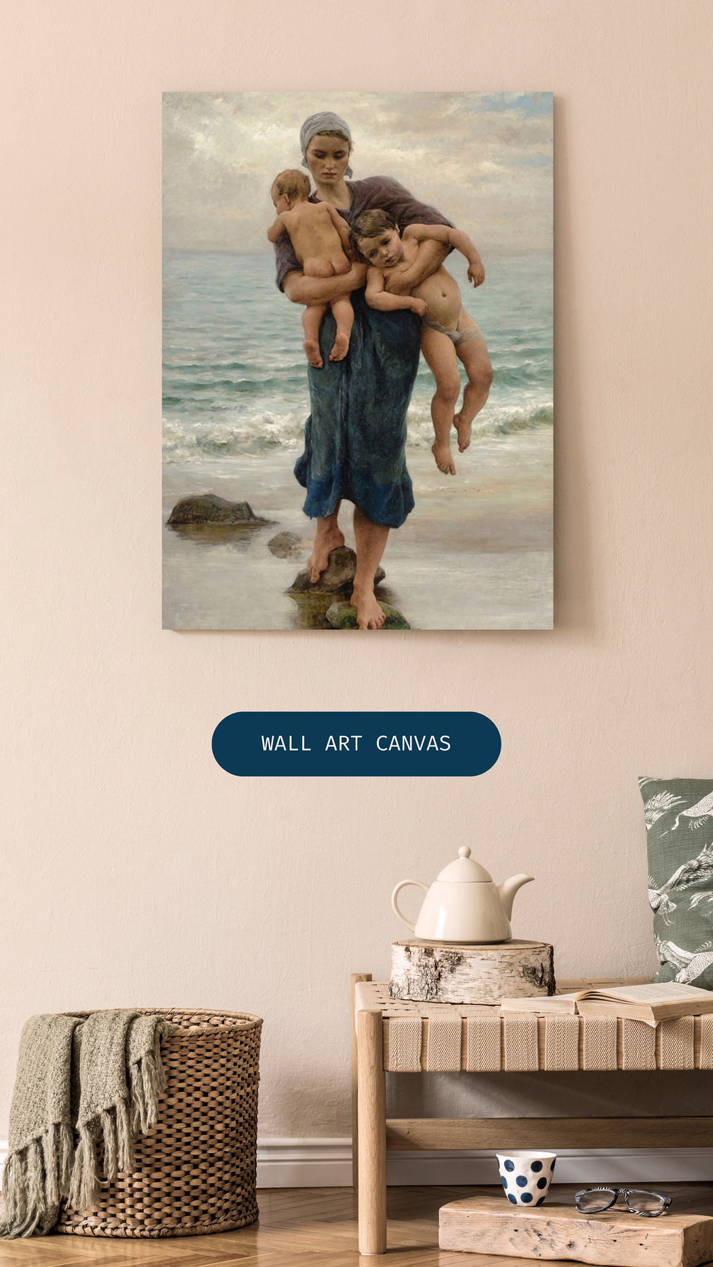Virginie Demont Breton Canvas Panel Print, Fishermans Wife Bathing her Children, Home Wall Art Decor, Perfect Mothers Day Gift