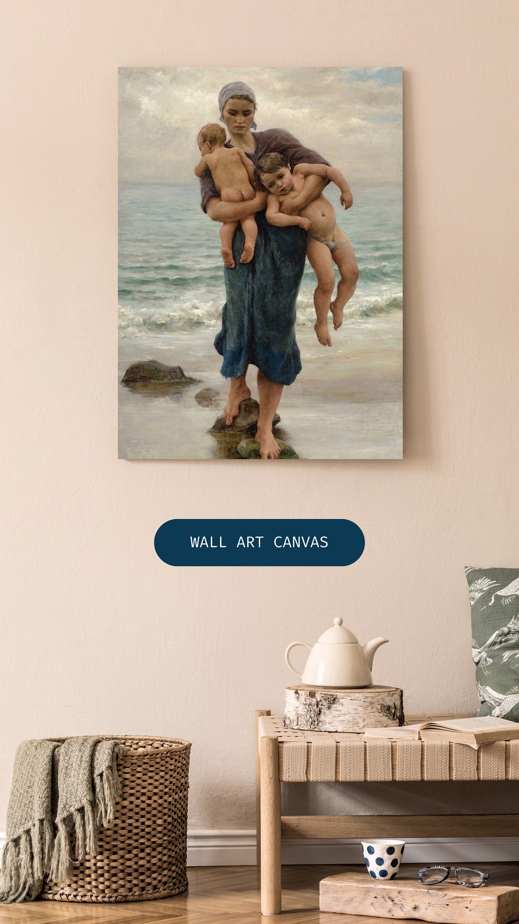 Virginie Demont Breton Canvas Panel Print, Fishermans Wife Bathing her Children, Home Wall Art Decor, Perfect Mothers Day Gift