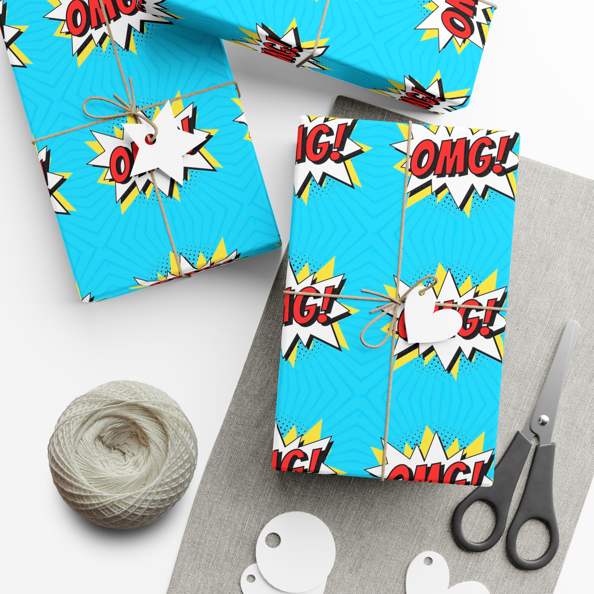 Retro Pop Art Wrapping Paper, Cartoon Speech Bubble on Bright Blue, Funky Gift Wrap, Gift Decoration for Friends