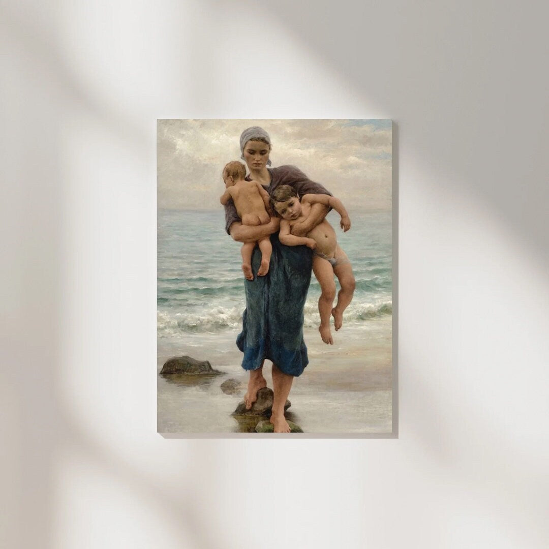Virginie Demont Breton Canvas Panel Print, Fishermans Wife Bathing her Children, Home Wall Art Decor, Perfect Mothers Day Gift
