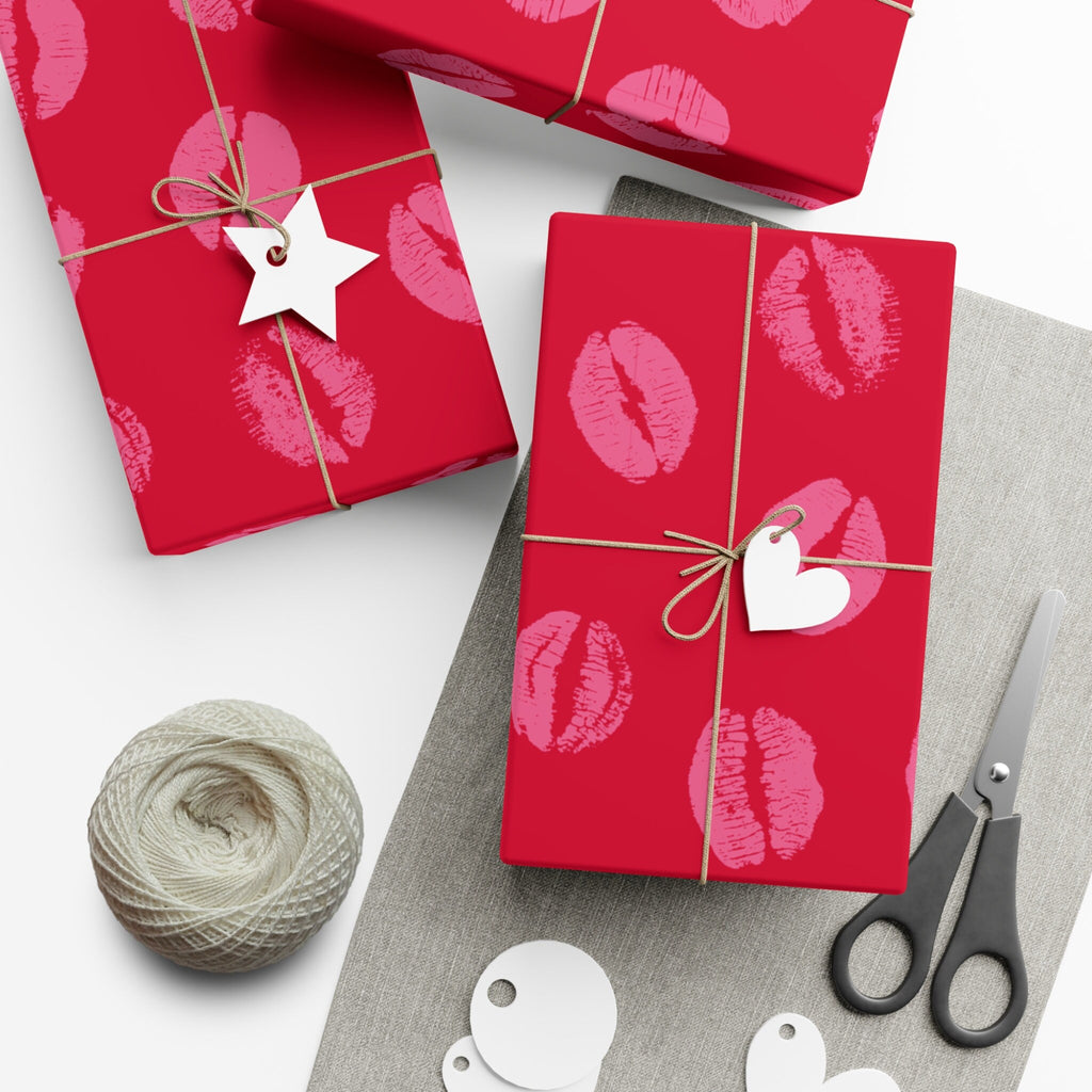 Chic Pink Lipstick Kisses Gift Wrap, Birthday Wrapping Paper, Stylish Red and Pink Design, Valentines Day Gift Decor