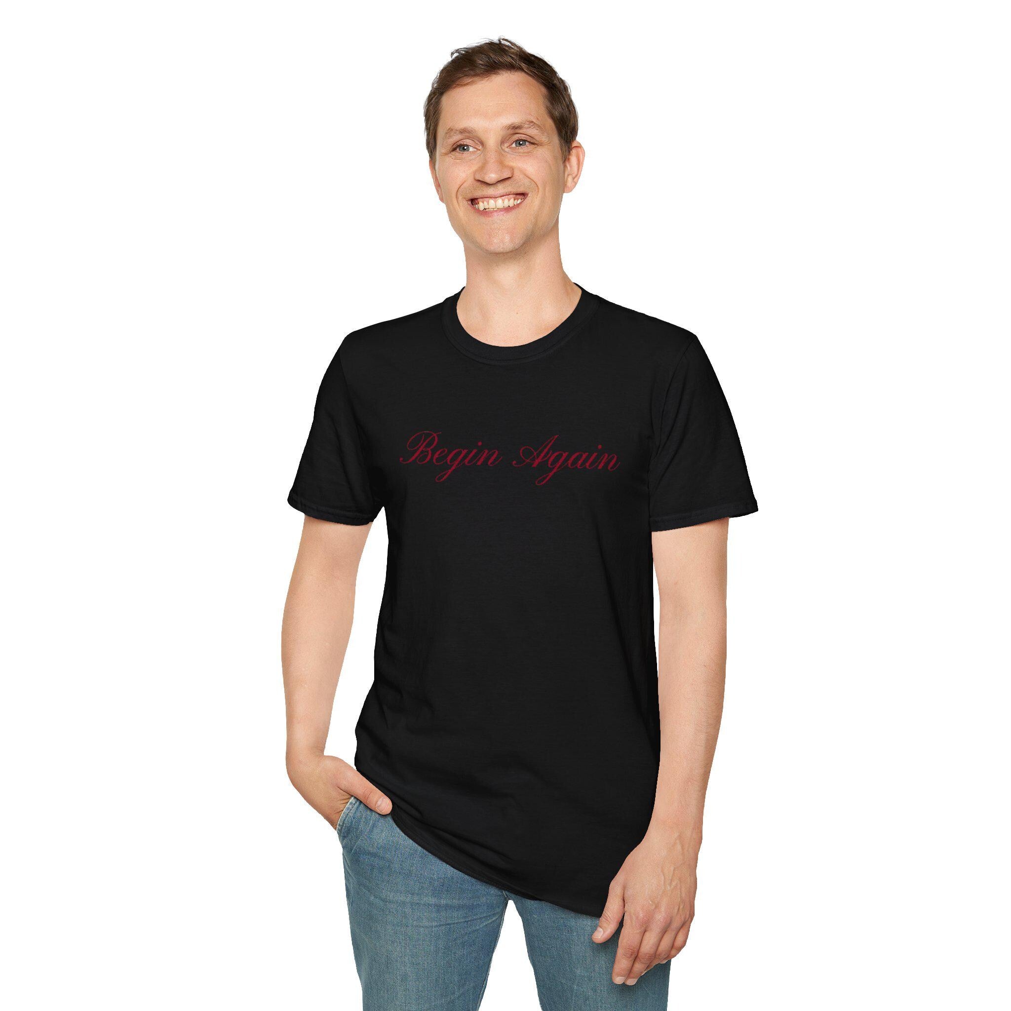 Begin Again Unisex Softstyle T-Shirt, Lyrics Attire, Minimalist Red Handwriting Font Tee, Elegant Tee, Statement Print Shirt