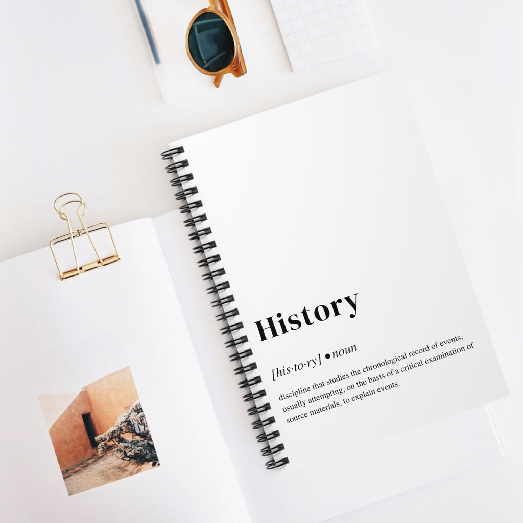 History Definition Spiral Notebook, Perfect Gift for Students, White Background, School and University Supplies