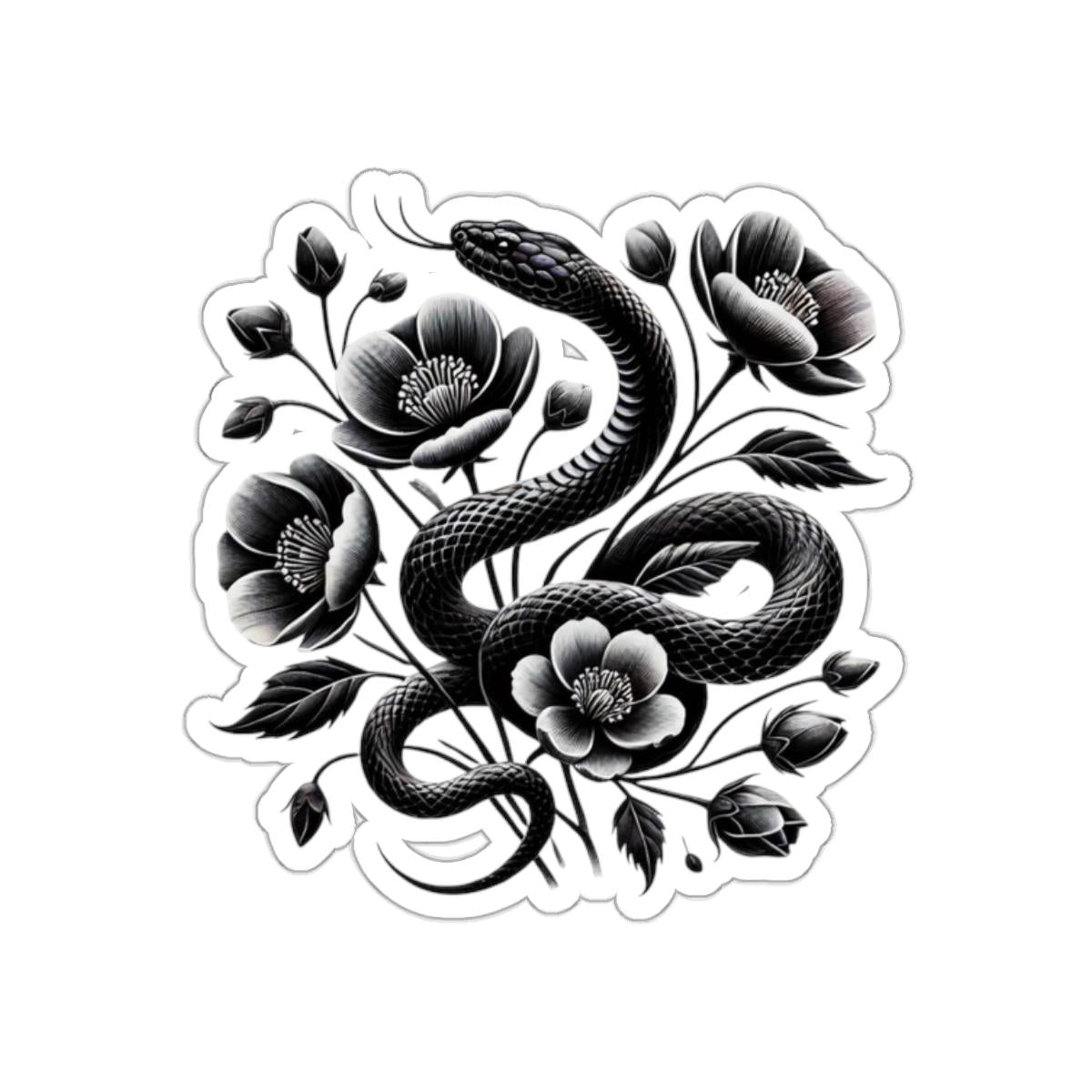 Black Snake with Blooming Flowers Sticker, Perfect Gift for Reptile Lovers | Gothic & Chic Decal Decor