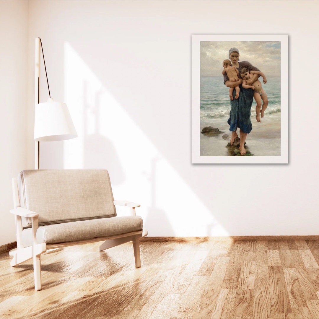 Fisherman's Wife Bathing her Children Print by Virginie Demont Breton, Classic French Art, Coastal Life Poster, Motherhood, Mothers Day Gift