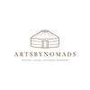 Logo of ArtsByNomads of a brown yurt and brown font of ArtsByNomads and below it says Artful Living, Without Borders