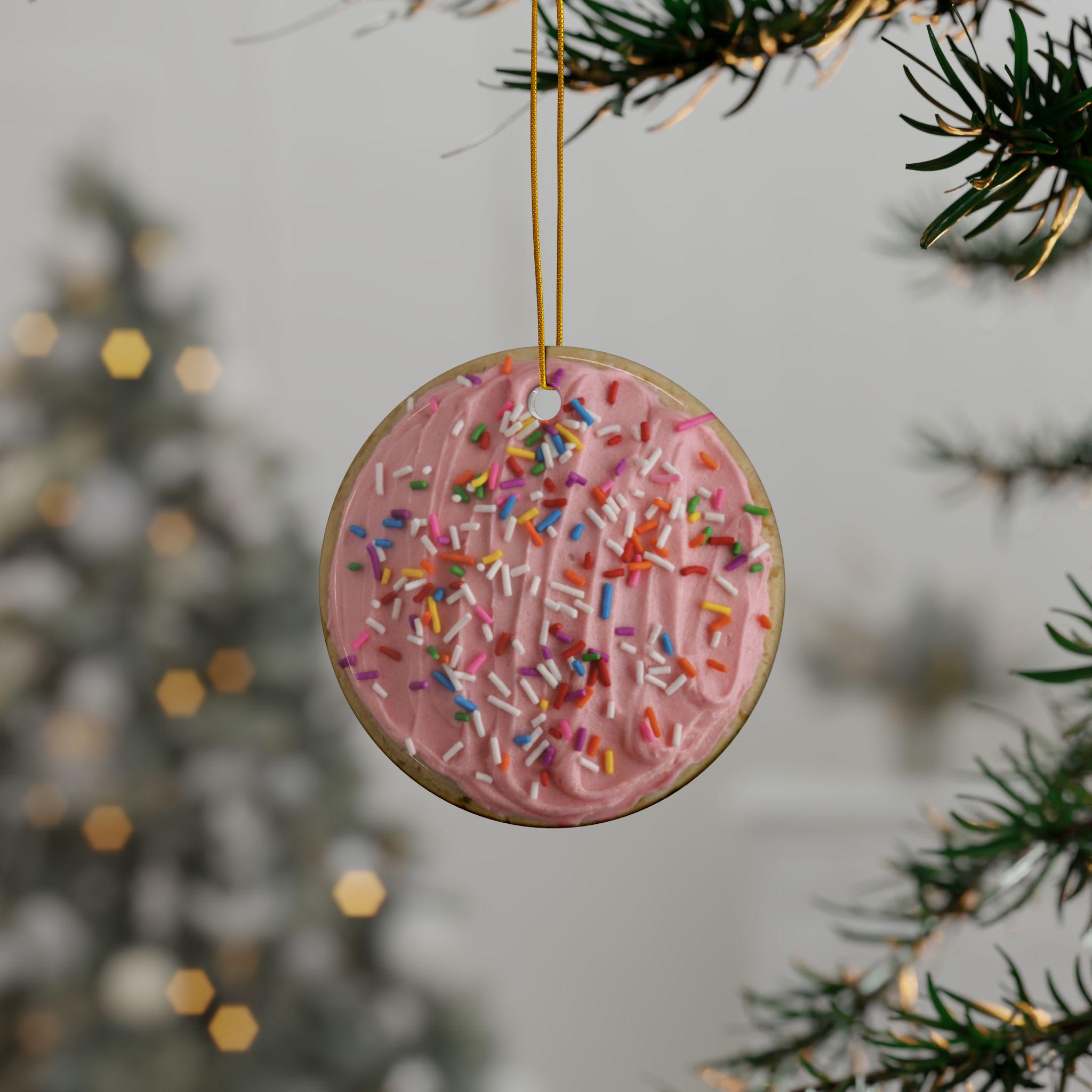 Pink Frosted Sugar Cookie Ceramic Ornament, Double-Sided, Sweet Tooth Christmas Gift, Baking and Pastry Lover Decor, Flat Surface