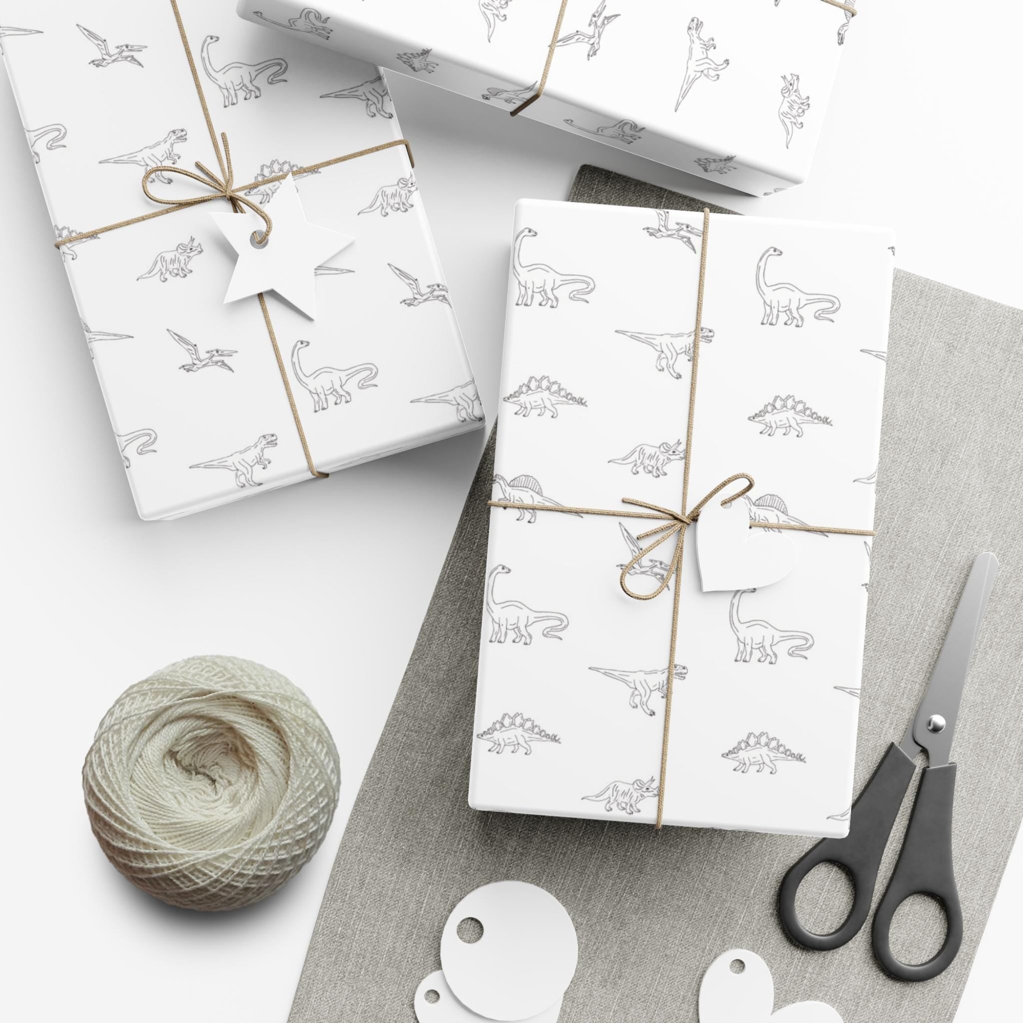 Dinosaur Gift Wrap, Minimalist White Design, Versatile Wrapping Paper for Birthdays, Baby Shower, Newborns and More
